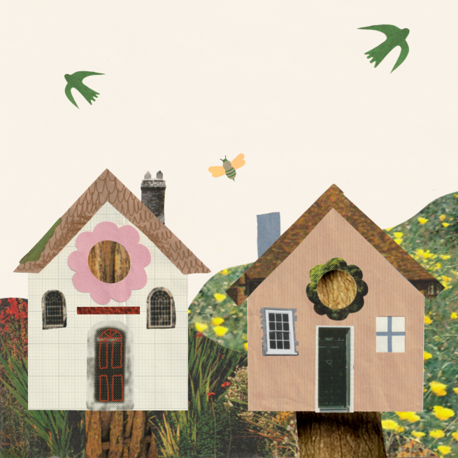 Two cozy collaged birdhouses in front of green hills. Two birds and a bee fly overhead.