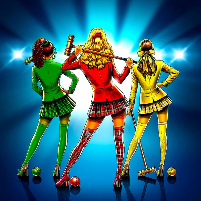 Three illustrated figures stand facing away from the camera towards a sparkling light, hands on hips and holding croquet mallets. They wear matching blazers, knee-high socks and short skirts in vibrant green, red and yellow.