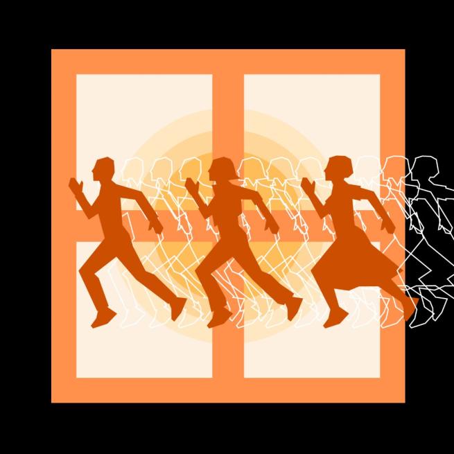 A logo for the show. It is graphic design. Showing the silhouettes of people running with a golden window in the background