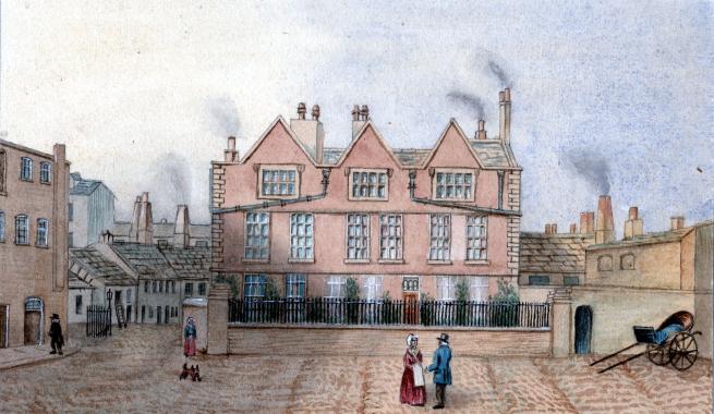 Watercolour illustration of a Georgian-style red-brick building with three gables and tall windows, set behind an iron fence. Smoke rises from chimneys, and several people in period dress stand and walk in the cobbled street in front.