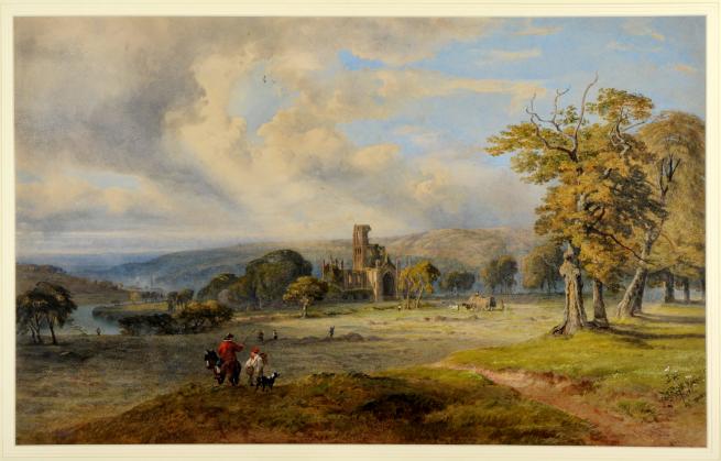 Kirkstall Abbey about 200 years ago. With trees in the foreground and background and a river to the left. People are riding horses in the foreground and there are hills, and clouds in the sky. The ruined Abbey is in the middle of the picture.
