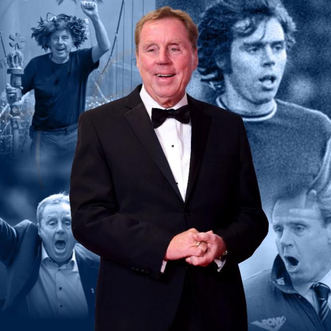 Harry Redknapp in a tuxedo stands smiling in front of a collage of desaturated shots from his life, including Harry on I'm a Celebrity, in a football kit, and on the touch-line as manager.