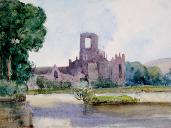 A watercolour painting of a ruined abbey or castle, surrounded by loosely painted trees and foliage