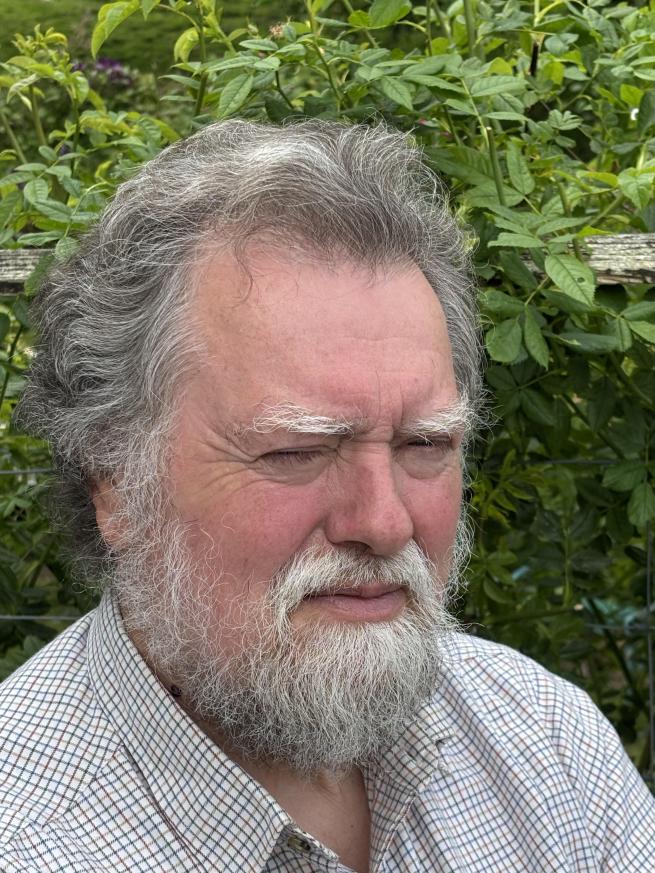 Close-up outdoor portrait of a person with grey hair, prominent eyebrows and a full beard, wearing a light checked shirt, with dense green foliage in the background.