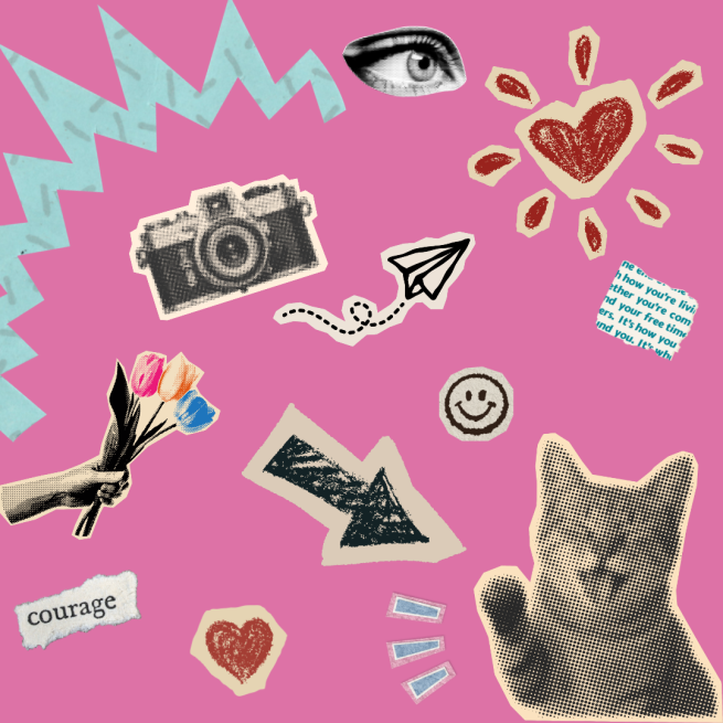 collage paper pieces on pink background