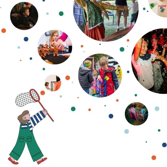 A playful cartoon character running with a net, reaching towards multicoloured floating bubbles of various sizes. Amongst the bubbles are images of workshops with young people.