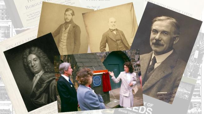 Collage of five historical images on a background of Leeds history publications. Four portrait photographs and engravings of individuals are arranged around a colour photograph showing the unveiling of a blue plaque mounted on a stone wall. Partial book titles in the background include “Links with Bygone Leeds” and “History of Leeds”.