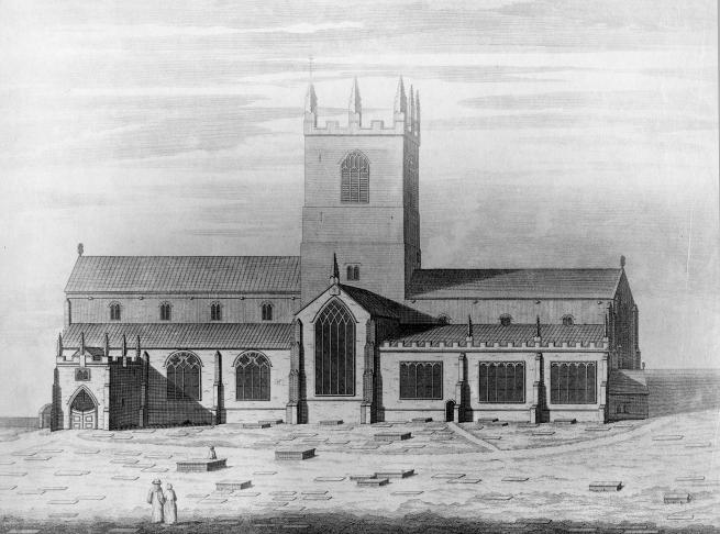 Black‑and‑white architectural drawing of a Gothic church with a square central tower, buttressed walls, and rows of arched windows; a low nave extends on both sides, and a few small figures and gravestones appear in the foreground churchyard.