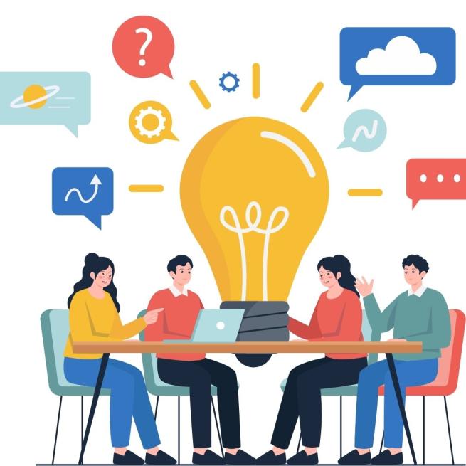 A graphic of 4 people sat around a table and a big lightbulb hovering above them.