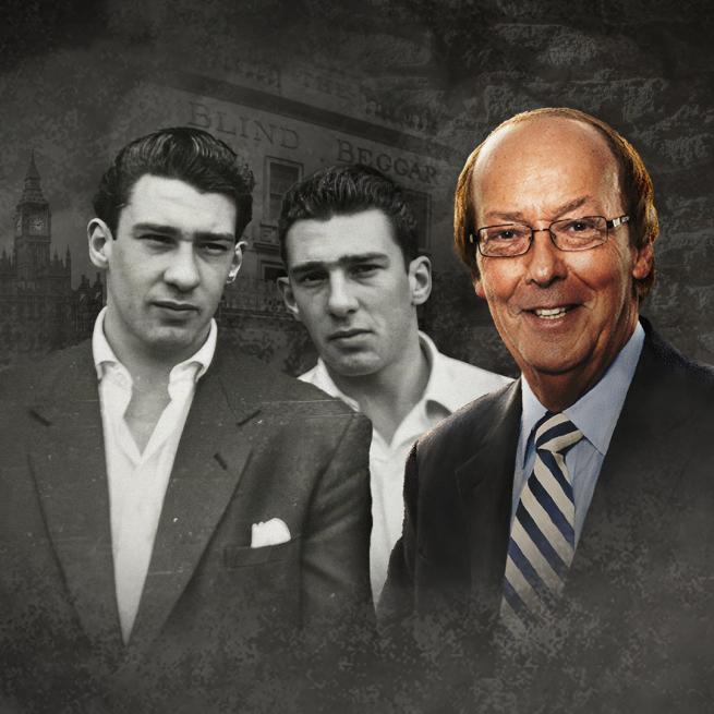 Black and white archival image of Ronnie and Reggie Kray in suits, beside a coloured photo of Fred Dinenage.