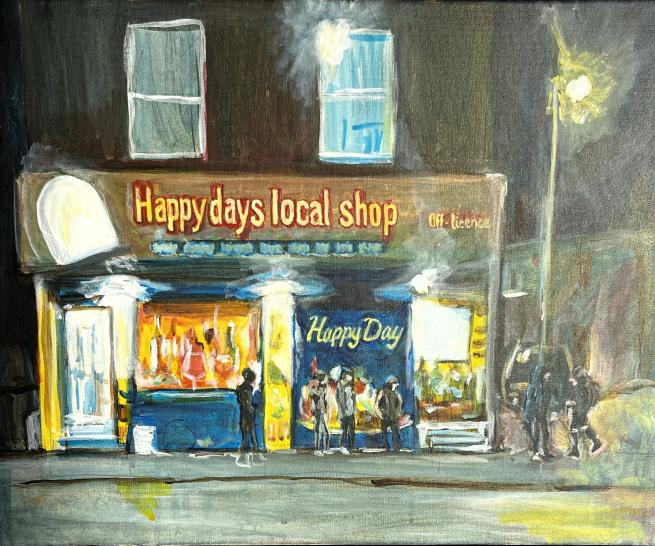 Painting of a happy days local shop at night with bright lights and figures standing outside the shop