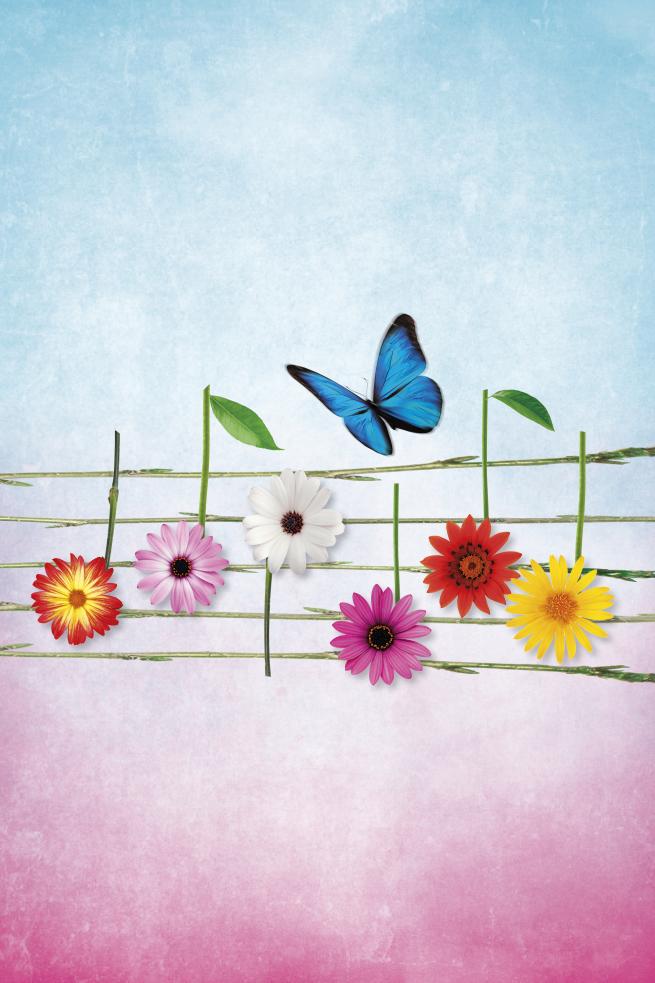 Yellow, pink and white flowers as music notes on a plant stem stave underneath a blue butterfly.