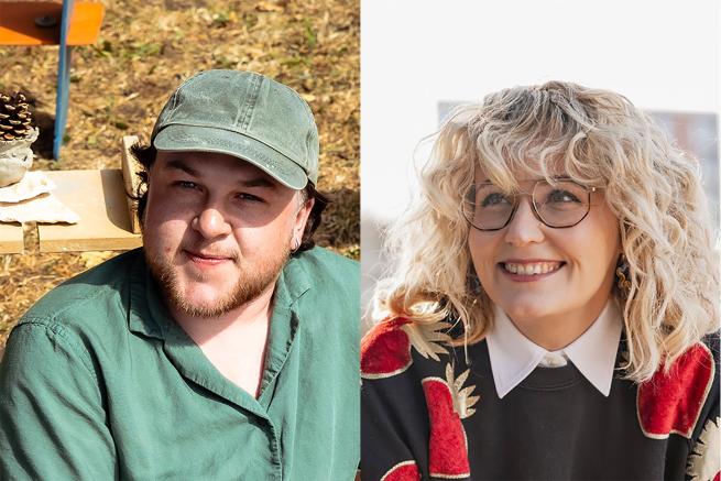 Split-screen portrait of two people. On the left, a person in a green cap and green shirt looks towards the camera outdoors, with sculptural objects visible behind them. On the right, a smiling person with curly blonde hair and glasses wears a black top with a white collar and a patterned red-and-black jacket.