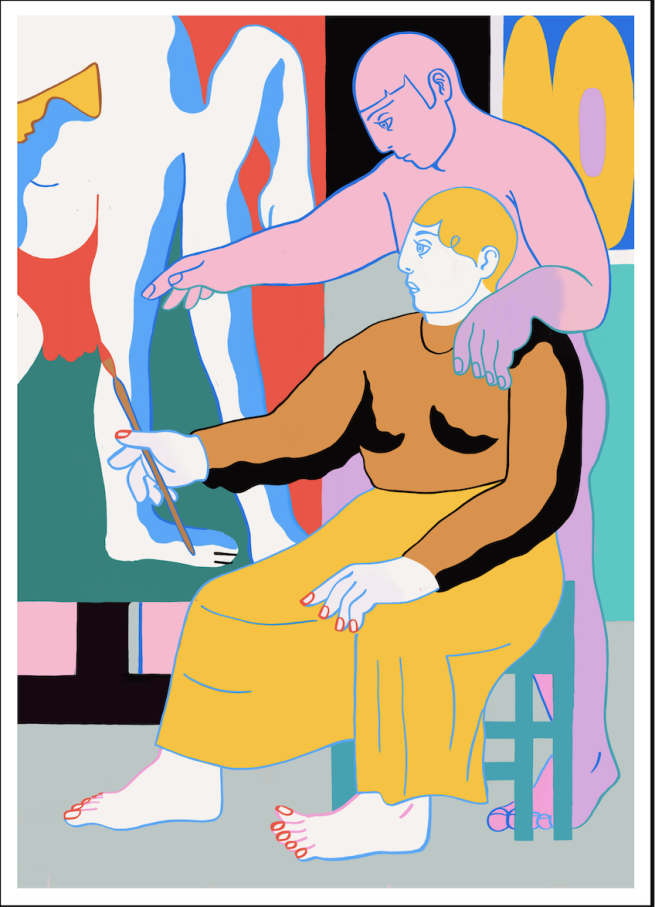 A colourful drawing of two people, one person is directing the other how to paint using proportions.
