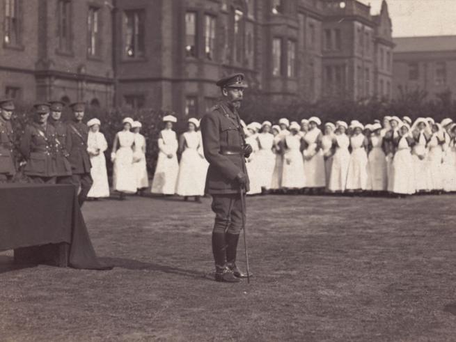 King George V visiting troops and nurses at East Leeds Military Hospital in 1915.