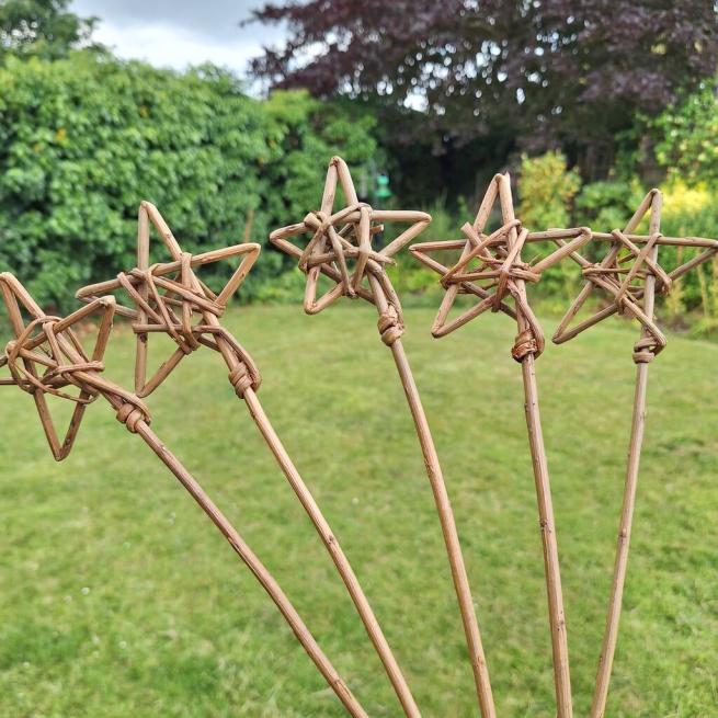 Five willow wands displayed within a garden. The wands are light brown and knotted at the end with a star.