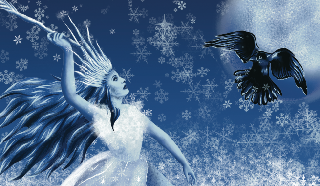 A woman dressed in white with flowing hair holds a want over her head, she's covered in ice and looks at a black crow in flight.