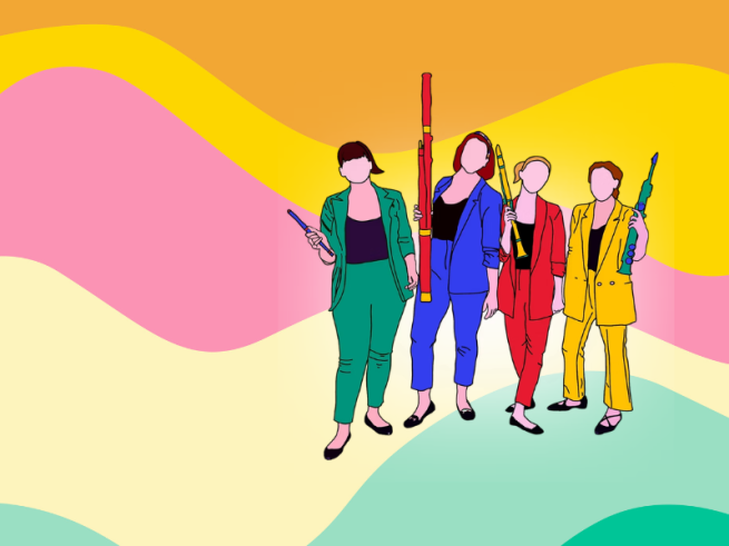 Wavy background, four woodwind musicians in cartoon style