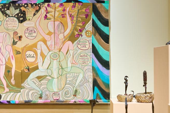 Colourful abstract painting representing flowers and the female body