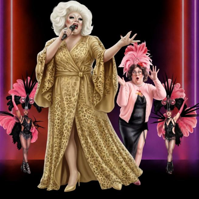 Illustrated-style image of Myra DuBois singing into a microphone, wearing a leopard-print robe, drag make-up and white hair. Three other dancers in sparkling leotards and pink feathers are in the background in front of neon lights.