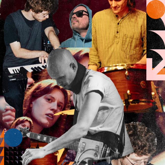 A collage of different musicians playing instruments.