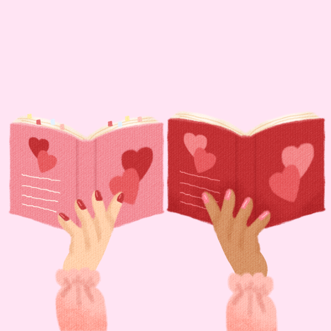 Pink background, hands holding books with hearts on them