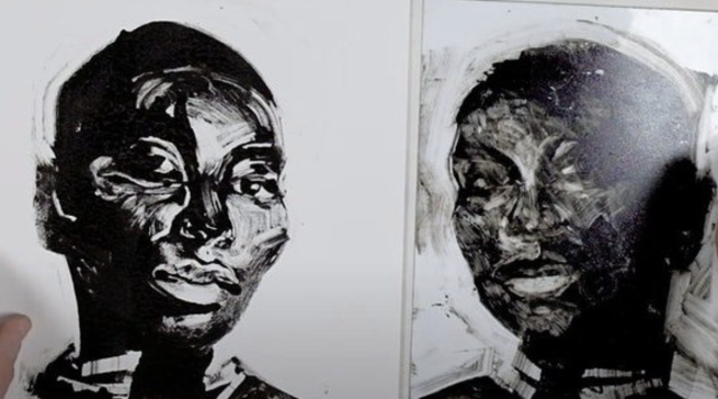 A black and white printed portrait of a woman and the plate it was printed from