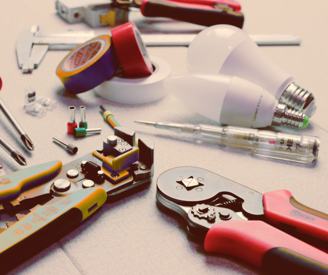 Electrics tools such as wire cutters, electrical tape, screwdrivers, light bulbs