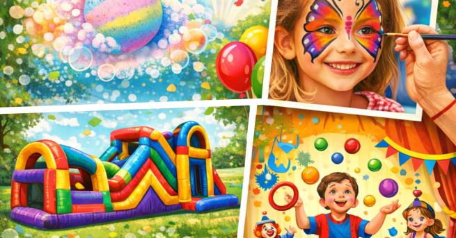 Picture depicting bath bomb making, face painting, inflatable and circus skills
