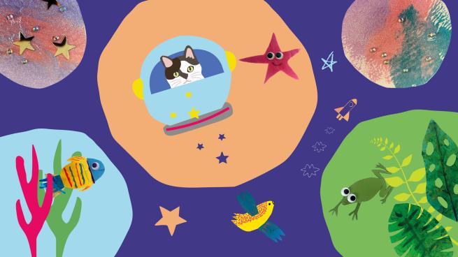 An illustration of a cat in space, a fish, a frog, stars and planets