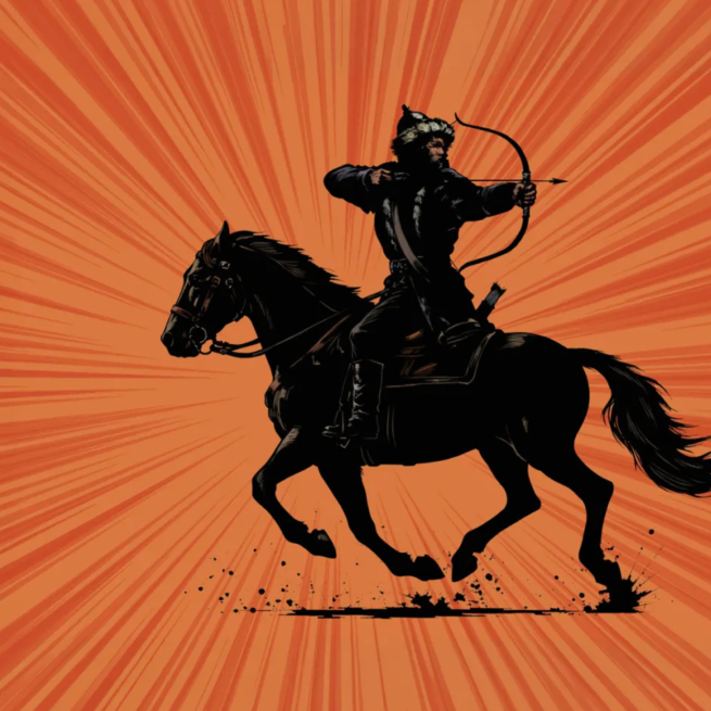 Drawing of Mongolian Warrior on horseback demonstrating horse archery