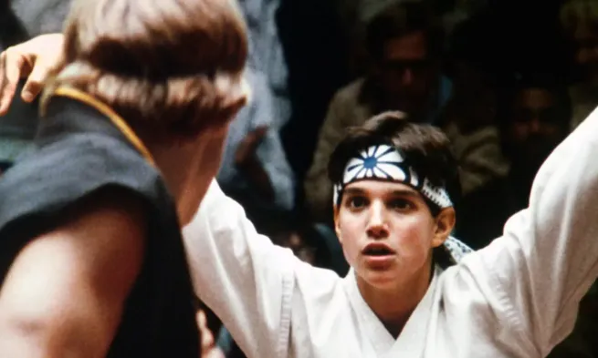 The Karate Kid himself stares at his opponent in intimidating fashion.