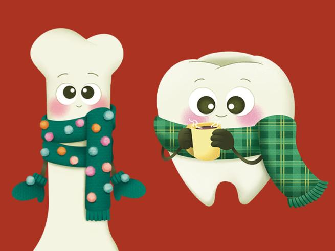Illustration of a bone wearing a winter scarf and pair of gloves next to illustration of a tooth, wearing a winter scarf and holding a hot drink.