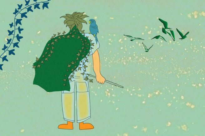 An illustration of a character from behind wearing a leafy green cape, holding a flute with a blue bird perched on their shoulder. They are looking towards a flock of flying birds and a trail of shimmering golden sparkles.