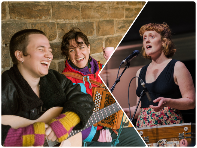 Lucy & Hazel sing together and play guitar and accordion. Claire Vine sings and plays harmonium.