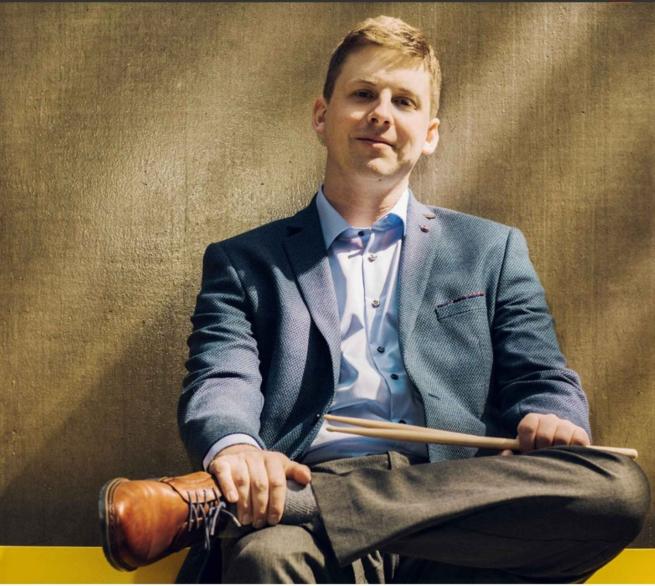 Drummer Gareth Hughes, seated