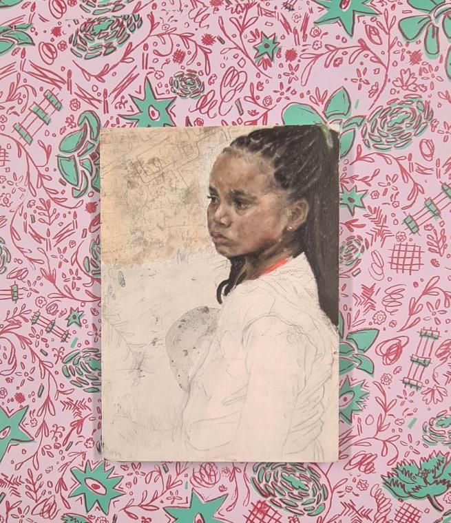 Oil painting of the artist Skye Davies as a child, set against a pink and green screen printed wallpaper