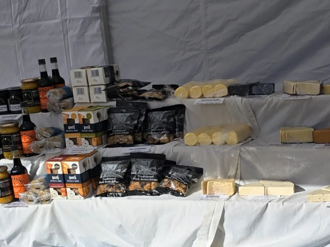 Items of local produced food laid out on a table