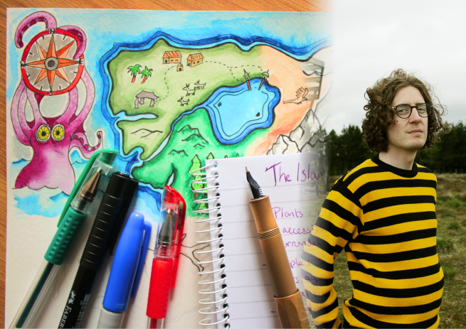 A split-screen style image showing a man with curly hair and glasses on the right, and his artistic workspace on the left, which includes a vibrant fantasy map, a spiral notebook, and several colourful pens.