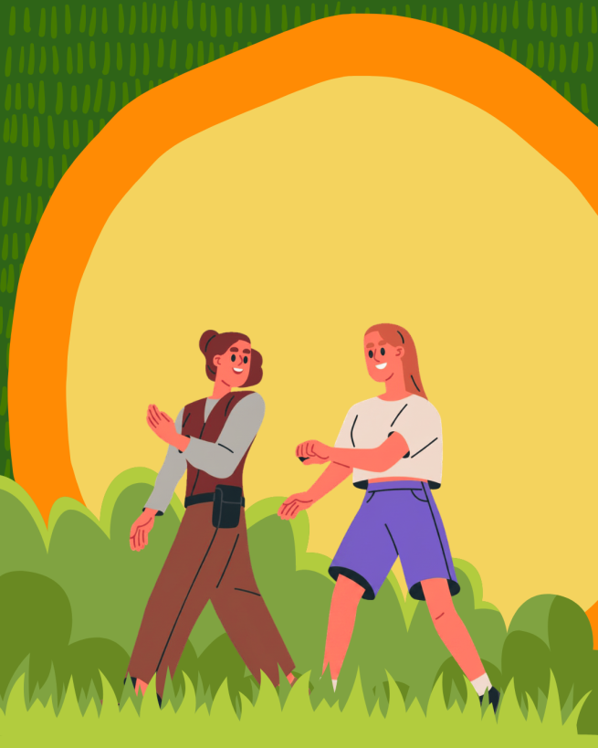 Drawing of two women walking on grass