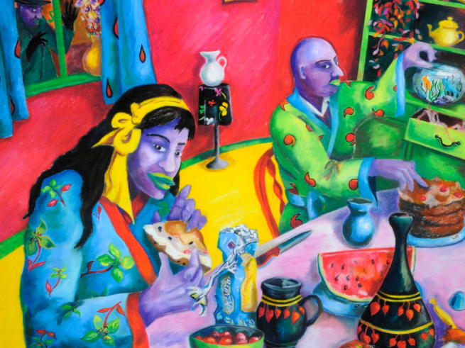 A bright, colourful painting showing two people sat at a table eating cakes and pastries.