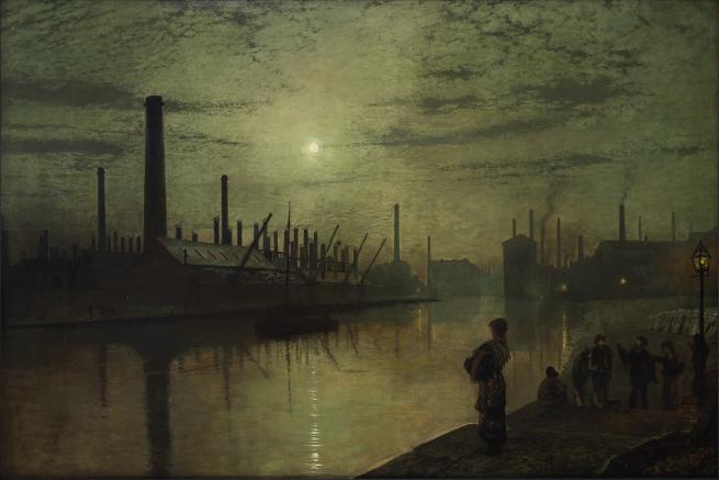Painting of woman looking across a river to a factory at night