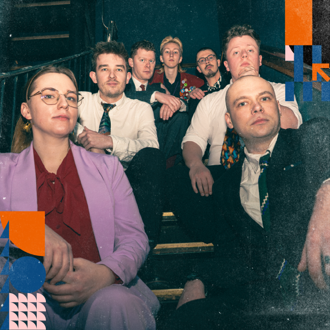 7 musicians sitting together on some stairs.