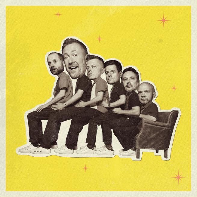 Collage style artwork of members of the Horne Section with oversized heads sat on each others' laps in a row.
