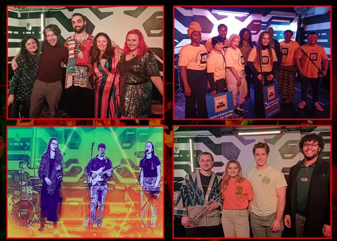 Flyer for the Cloth Cat open mic with images of four bands on a background taken from a still from Star Wars