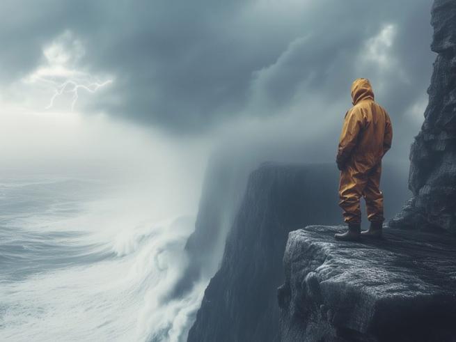 A stylised image showing a fisherman standing on a cliff edge, looking out over a rough, stormy sea.