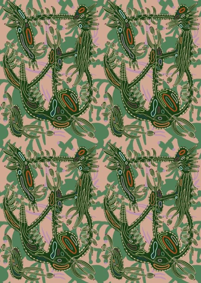 Artwork with a repetitive floral pattern in greens and pinks.