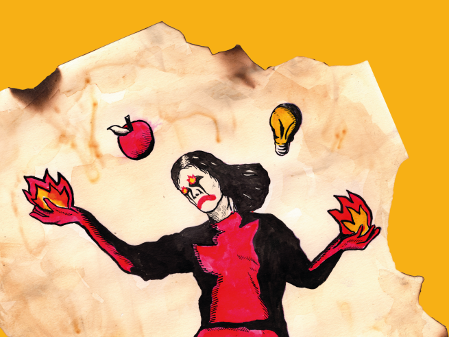 An Illustration of a clown juggling fire and food
