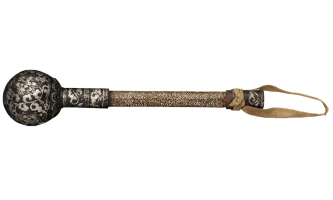 Mace with a spherical metal head and pommel damascened with leaves and flowers in silver, mounted on a wooden haft covered in ray skin. About 13th - early 14th century, possibly Yuan dynasty, Mongolian or Chinese. XXVIC.82 Royal Armouries.