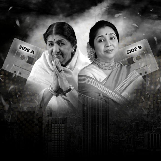 In black and white, Lata and Asha smile in front of a skyline, floating alongside two cassettes that read Side A and Side B.
